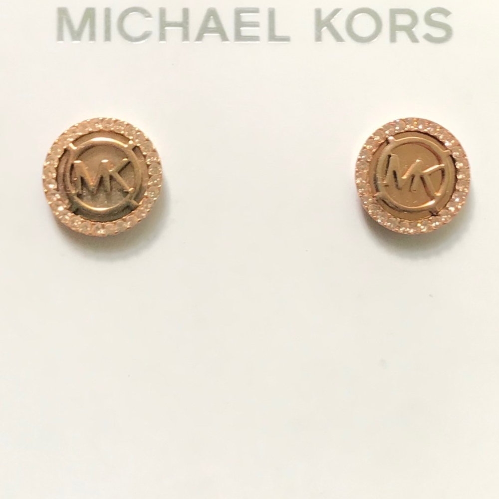 Michael Kors Earrings MK Logo Rose Gold-Tone Stud